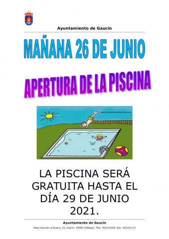 APERTURA PISCINA MUNICIPAL. TEMPORADA 2021