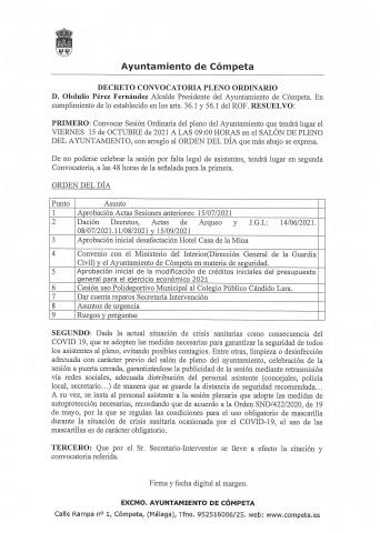 CONVOCATORIA PLENO ORDINARIO EL 15 DE OCTUBRE DE 2021 A LAS 09:00 HORAS.