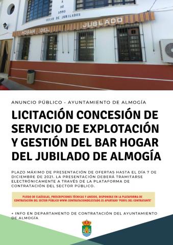 LICITACIÓN CONCESIÓN EXPLOTACIÓN Y GESTIÓN BAR HOGAR DEL JUBILADO