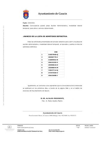 LISTA DE ADMITIDOS PARA EL PUESTO DE AUXILIAR ADMINISTRATIVO