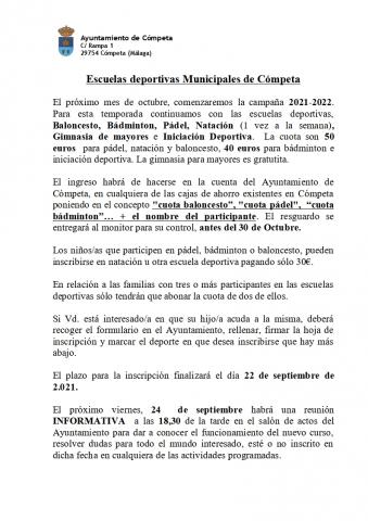 PLAZO ABIERTO PARA APUNTARSE A LAS ESCUELAS DEPORTIVAS MUNICIPALES DE CÓMPETA.