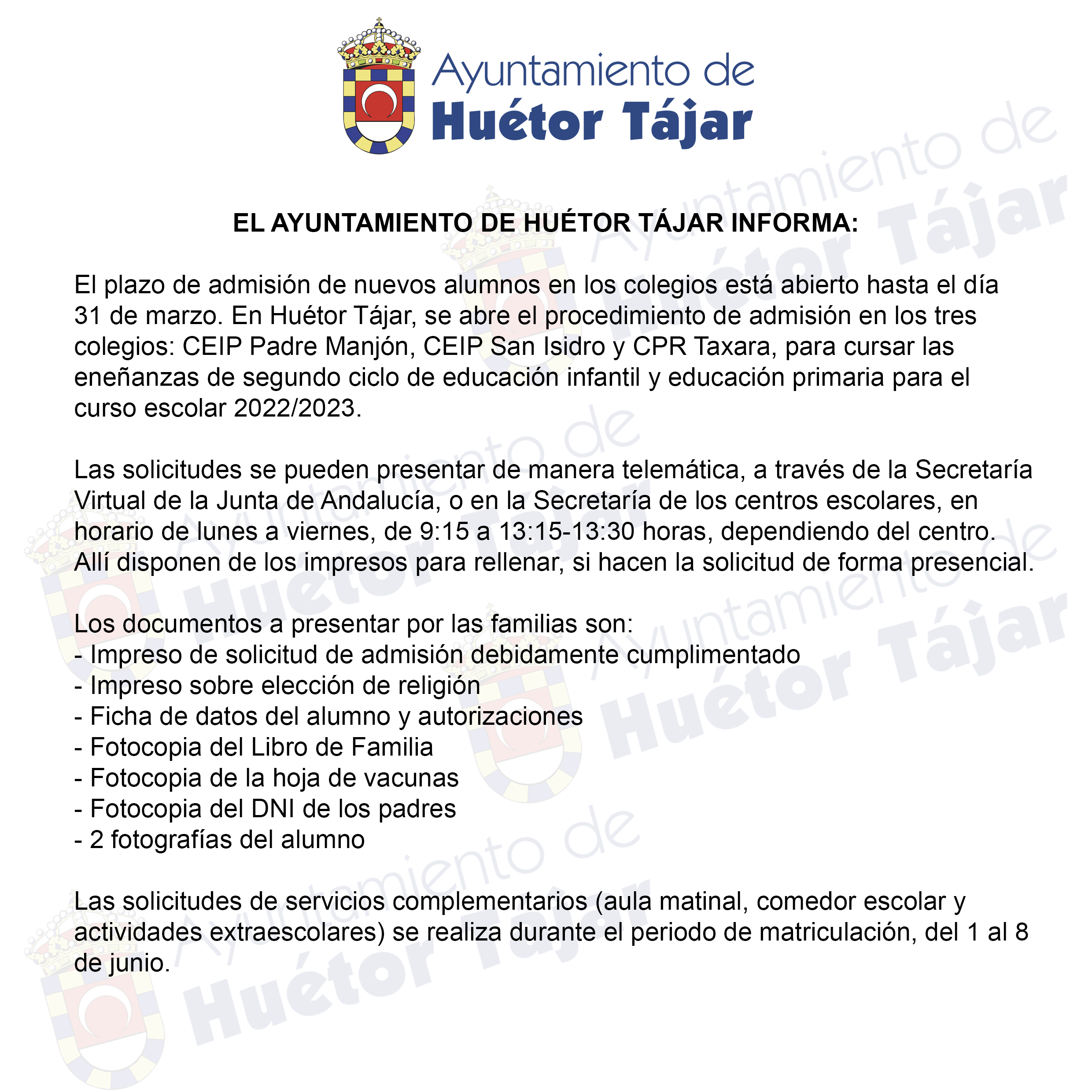 Abierto el plazo de escolarización de alumnos en los colegios y el instituto