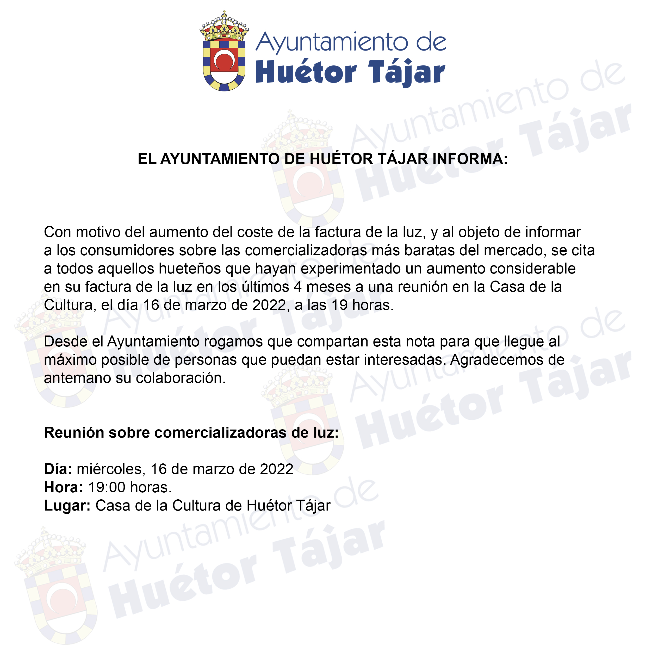El Ayuntamiento de Huétor Tájar organiza una reunión para informar sobre las comercializadoras de luz