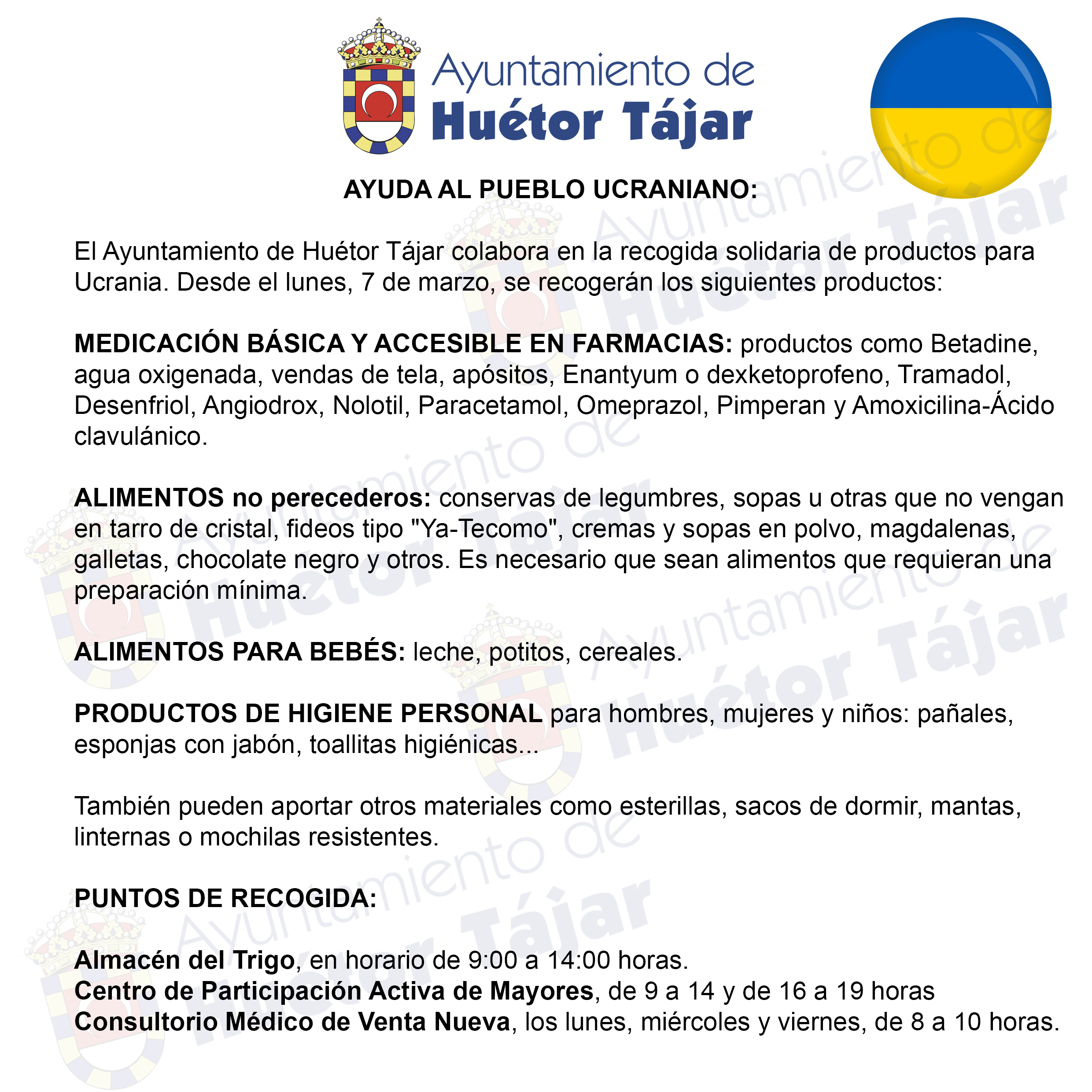 El Ayuntamiento de Huétor Tájar recogerá productos de ayuda para Ucrania