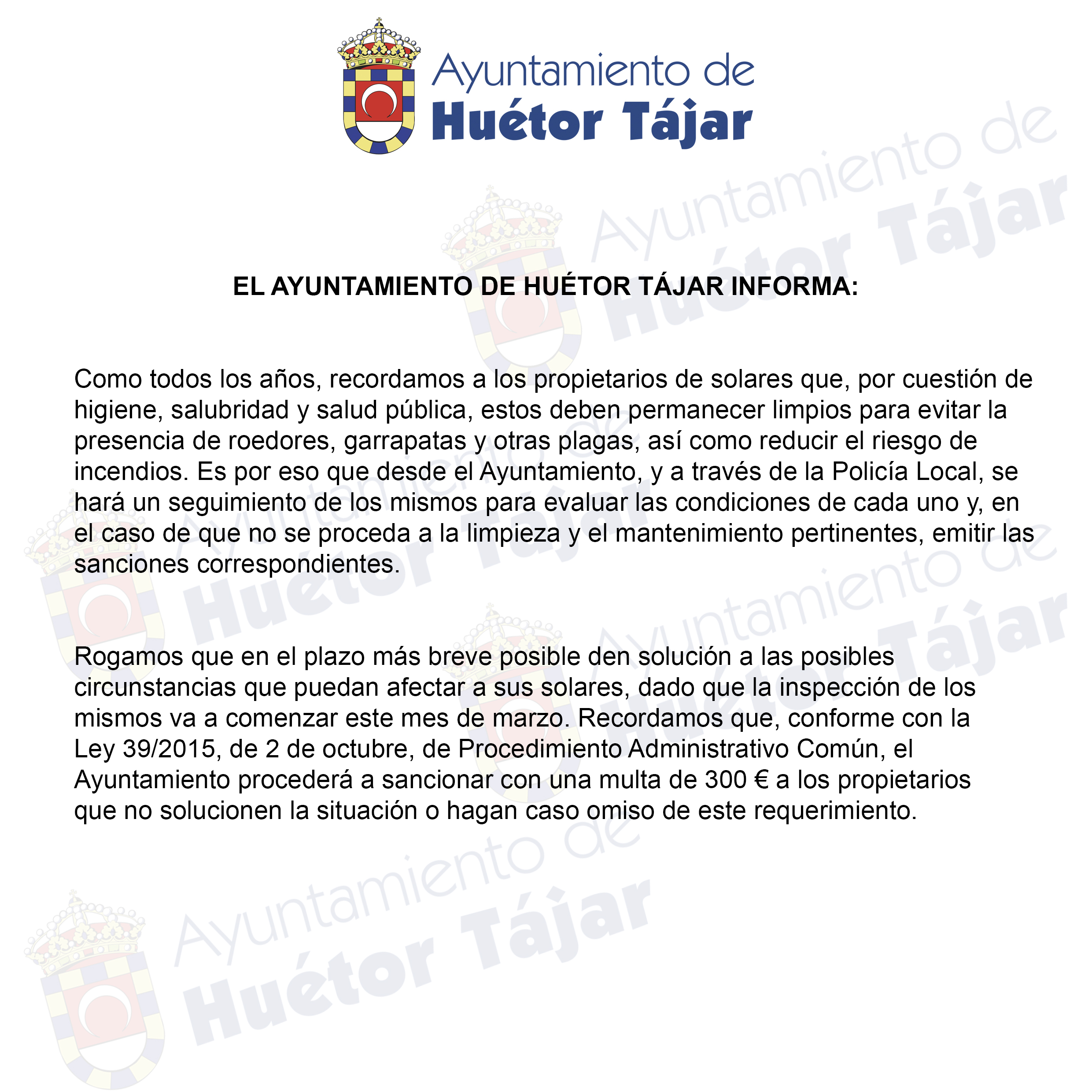 La Policía Local de Huétor Tájar comienza la inspección de limpieza de solares